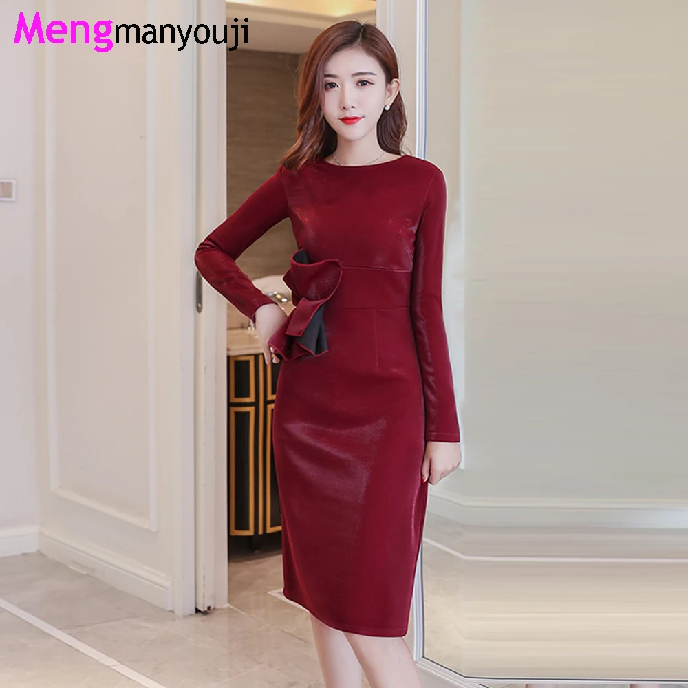 Autumn Knee Length Women Dresses 3D Flower Solid Color Red O Neck Long ...