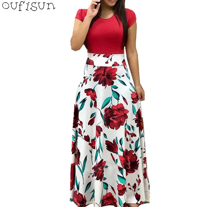 Oufisun летнее женское платье с коротким рукавом, новинка, круглый вырез, цветочный принт, длинные платья, женская мода размера плюс, элегантное платье Vestidos 5XL