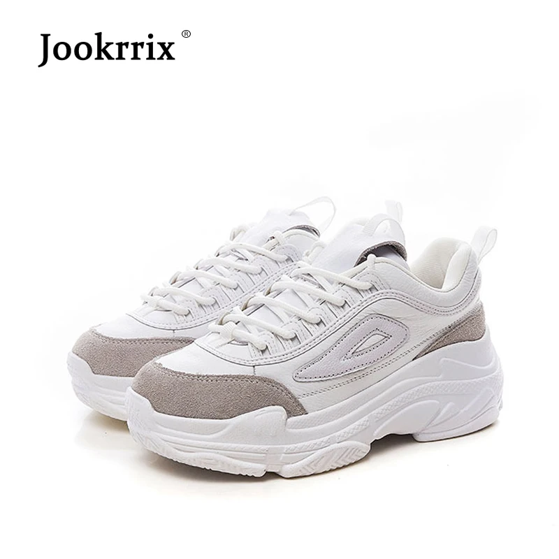 Prix Jookrrix 2018 Automne Nouveau Réel En Cuir Blanc Chaussures Femmes Chaussure Adulte Fille Plate Forme Sneakers Croix attaché Chaussures Dame Respirant