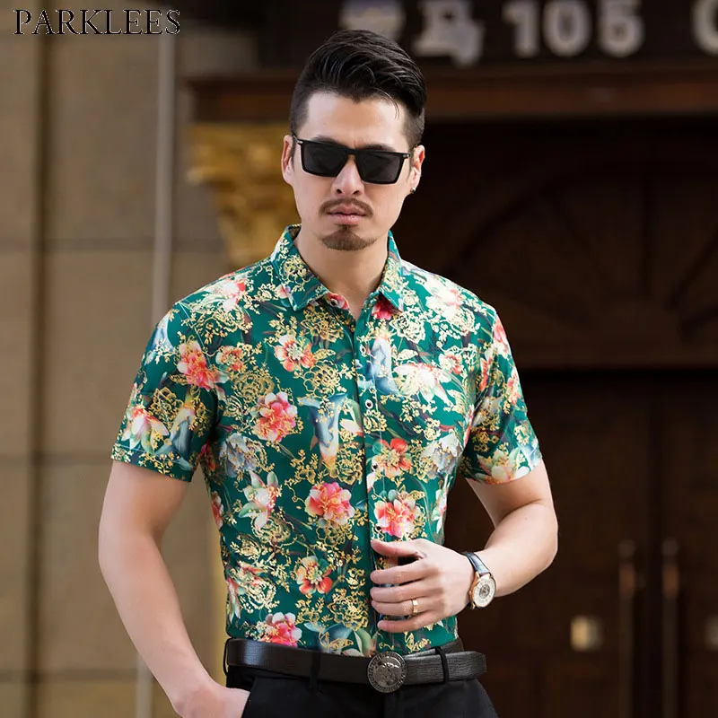 Mens Hipster Golden Foil Print Slim Fit Short Sleeve Floral Shirt High