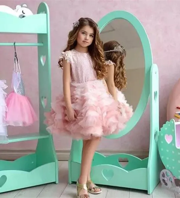 

Ball Gown Flower Girl Dresses Sequins Ruched Tulle Girls Pageant Gowns Knee Length Girls Formal Dress Custom Made