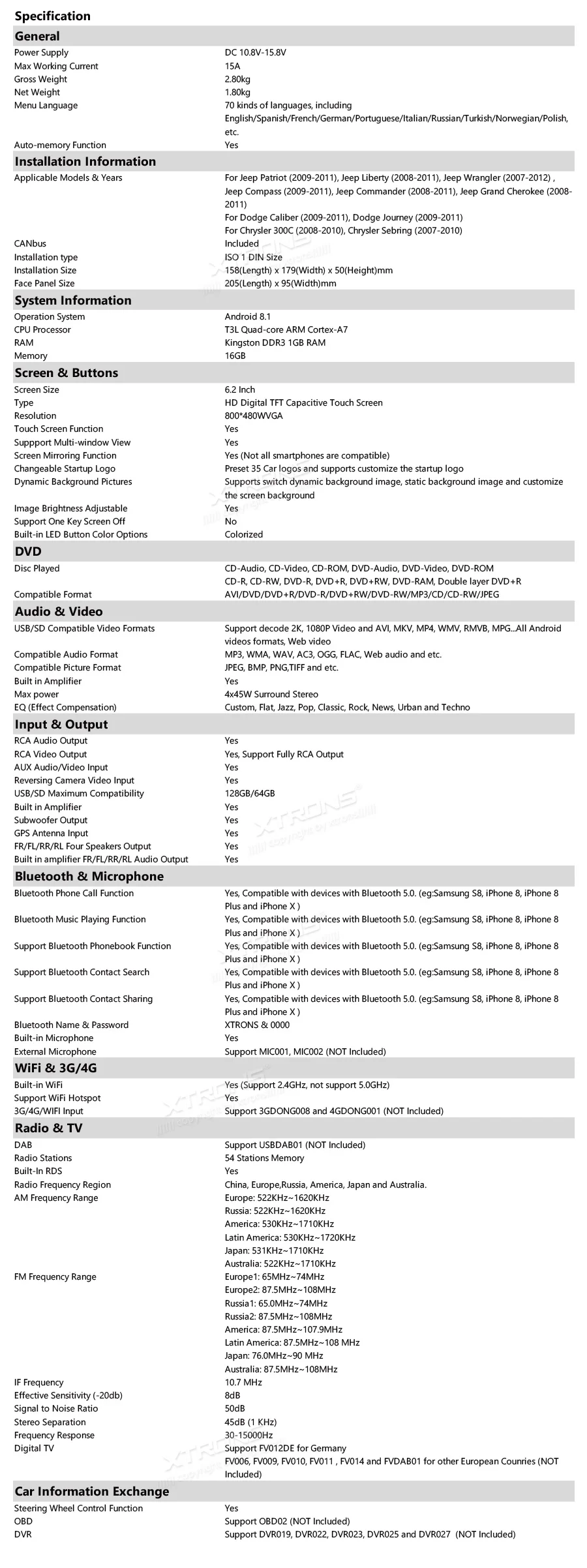 Excellent XTRONS 6.2" Android 8.1 Car Radio DVD Player RCA GPS Navigation for JEEP Commander Grand Cherokee DODGE Caliber Chrysler 23