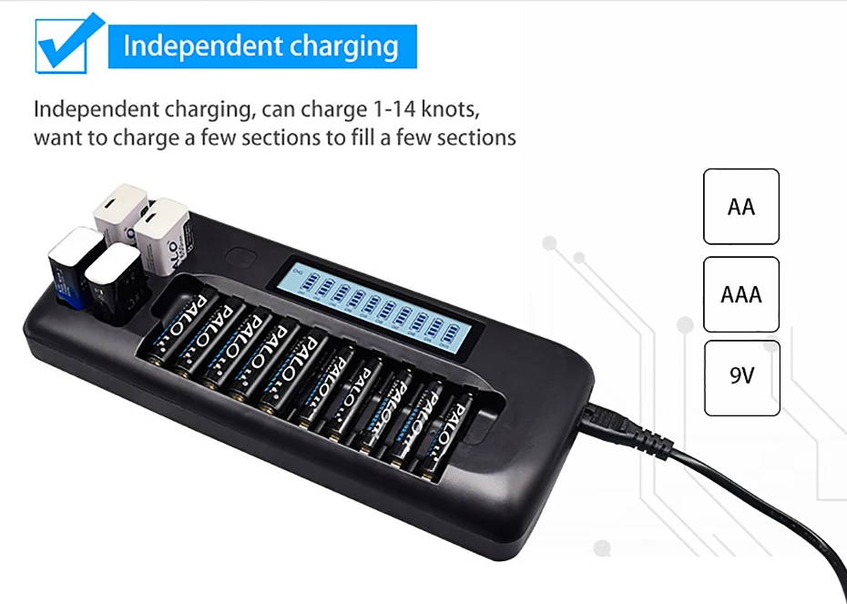 PALO 14 слотов для карт ЖК-дисплей Смарт Батарея Зарядное устройство для 1,2 V AA AAA Перезаряжаемые Батарея 9V Ni-CD литий-ионных аккумуляторов