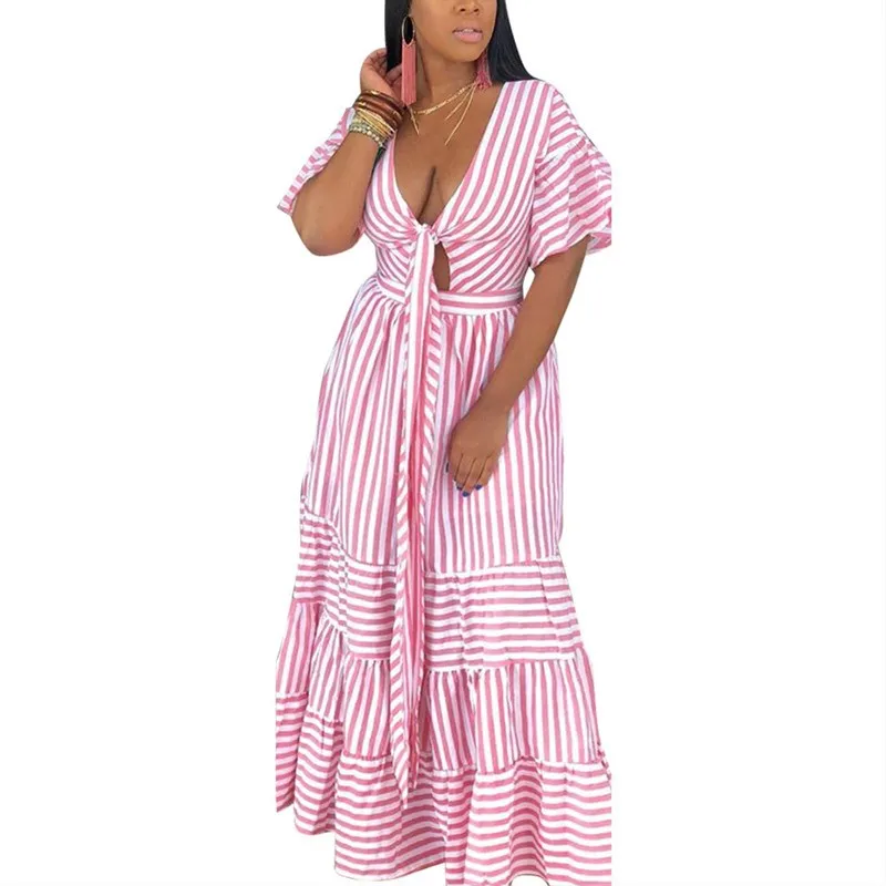 

Boho Striped Summer Dress Women Short Sleeve Deep V Neck Sexy Dress Casual Hollow Out Patchwork Maxi Dress