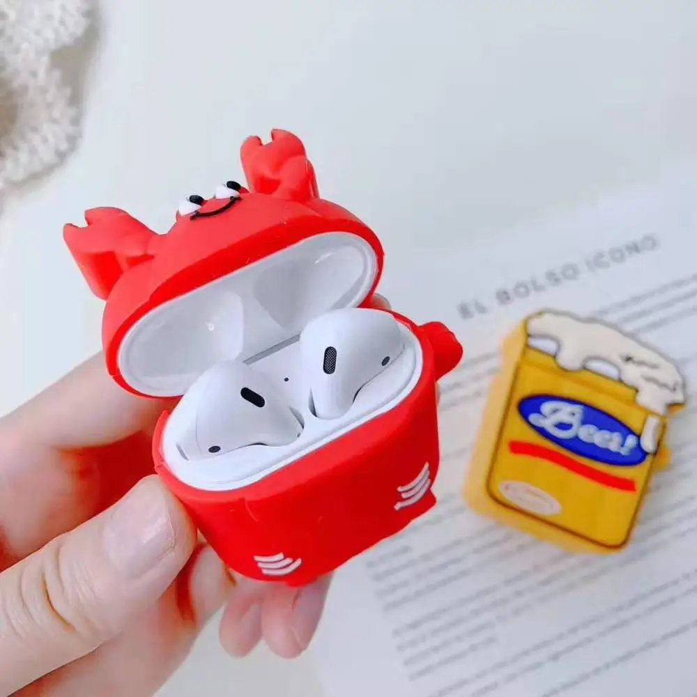 

Cute lobster beer soft silicon Accessories for Apple AirPods 1 2 Bluetooth Wireless Earphone Cover Charging Box Finger Key Ring