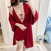 Silka излишки женский халат, платье, наборы, Сексуальная кружевная Пижама для сна, пижама с длинным рукавом, женская шелковая ночная рубашка, 2 предмета, пижама, лето