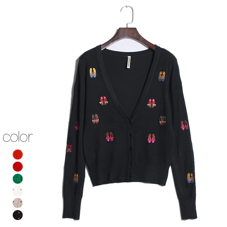 

New Women 2019 Spring Autumn Embroidery Shoes Sweater V-neck Coats Cardigan Knitted Cute Short Cardigans Thin Outwear Coat Mujer