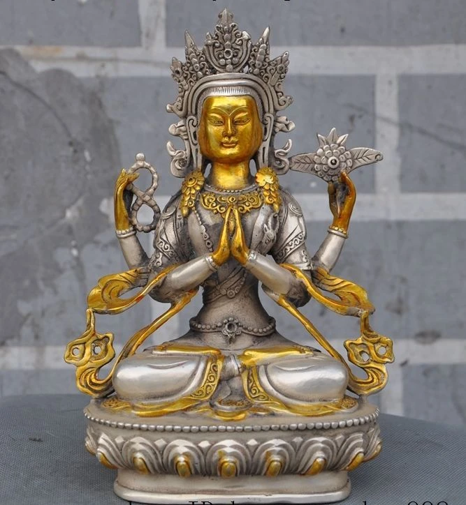 

8"old Tibet Buddhism Silver Gilt Protect 4 Arm Chenrezig Guan Yin buddha Statue