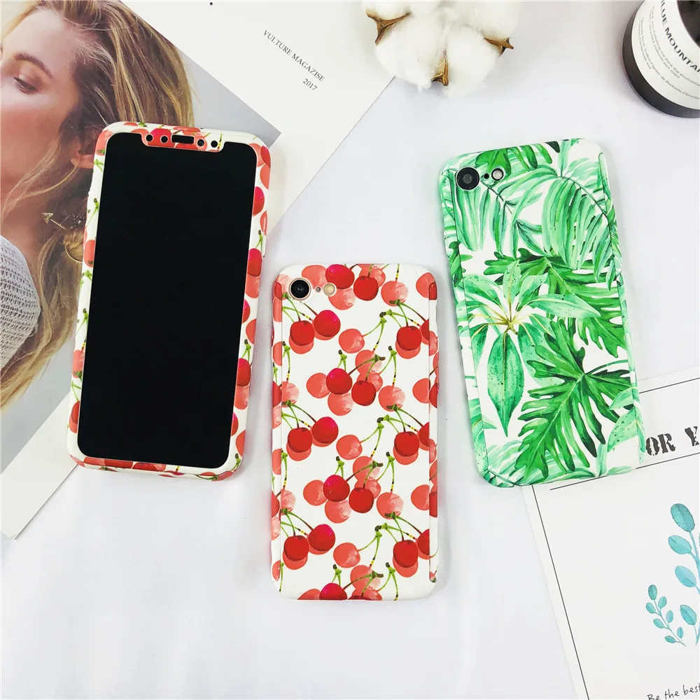 

360 Degree Marble Stone Full Protective Cute Cherry Fruit Cases for IPhone 6 6S 7 8 Plus 5 SE X Plant Leaf Hard Frosted Shells
