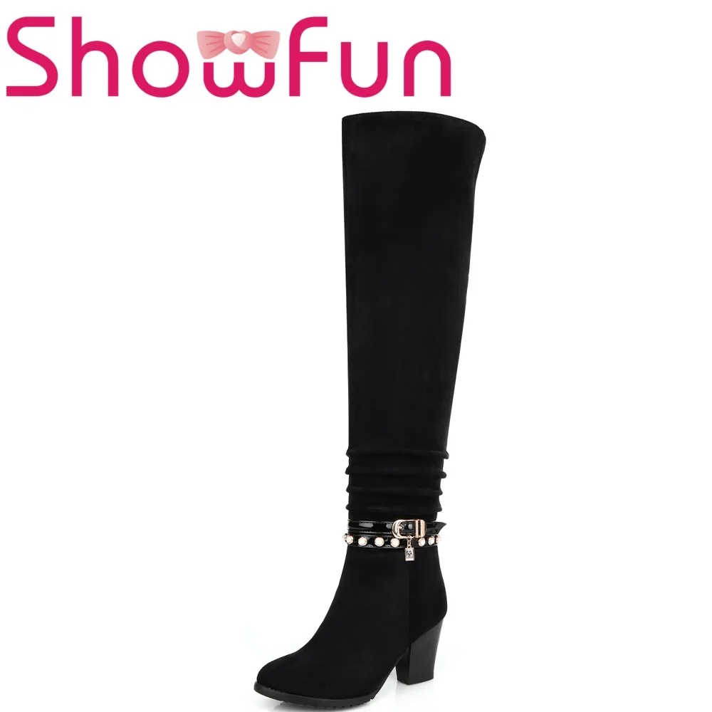 

Showfun genuine leather shoes woman winter solid over-the-knee pointed toe zipper short plush spike heel boots