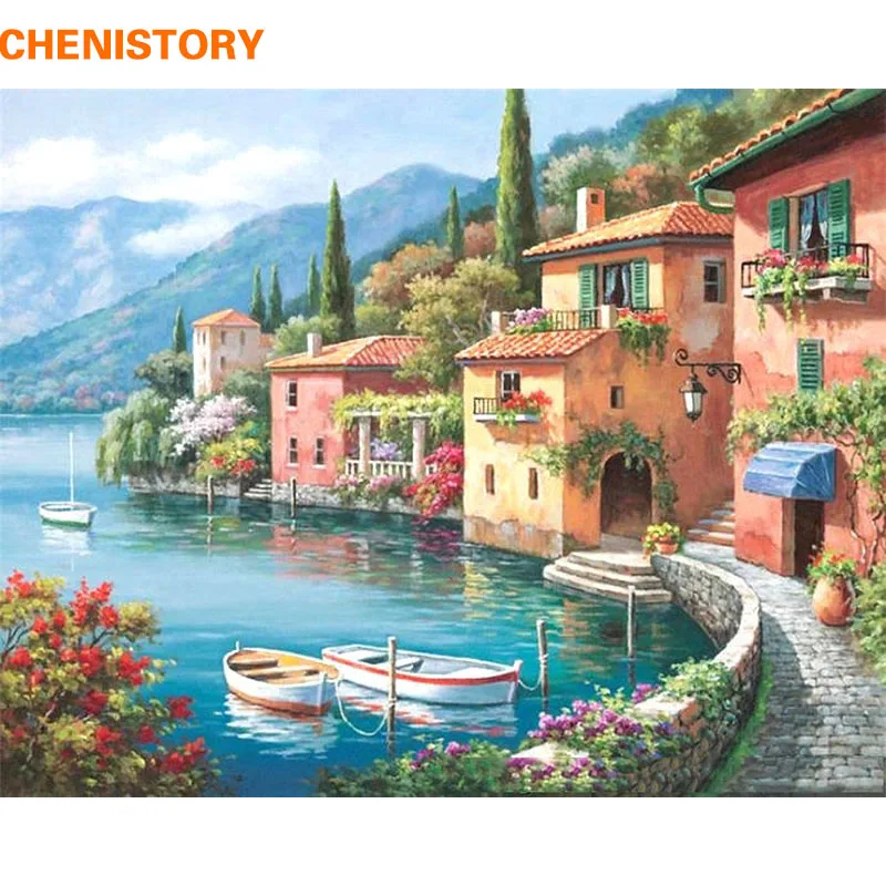 

CHENISTORY Lakeside Villa Building Landscape DIY Painting By Numbers Kits Coloring Painting By Numbers With Wood Frame Artwork