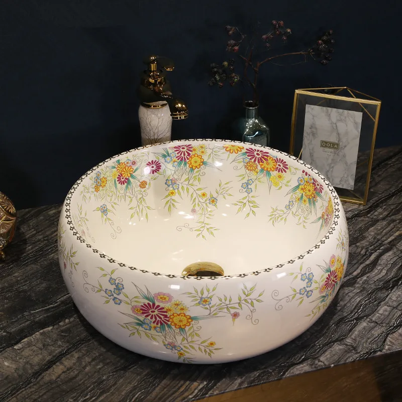 China Artistic Handmade Ceramic Lavobo Round Counter top Bathroom Sink