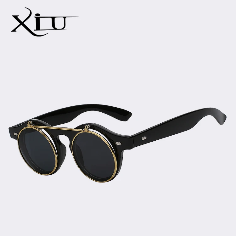 XIU, захлопывающиеся круглые солнцезащитные очки, Ретро стиль, Ретро стиль, для мужчин и женщин, брендовые дизайнерские солнцезащитные очки, панк, классические очки, UV400 - Цвет линз: Black w black