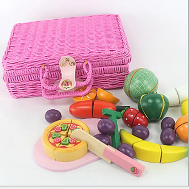New wooden toy wooden blocks kitchen toy Rattan basket picnic toy sets