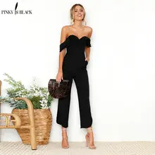 PinkyIsBlack Sexy backless off shoulder black jumpsuit women Tiered ruffle high waist jumpsuit romper Split casual overall femme grey casual velvet off shoulder drawstring waist jumpsuit