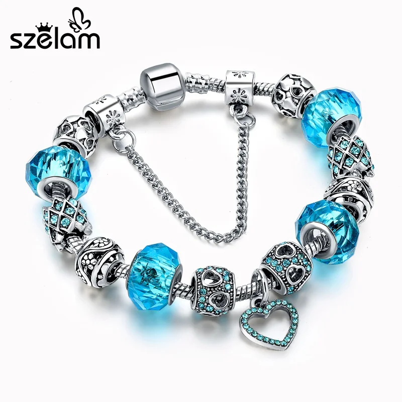 

SZELAM Crystal Beads Bracelets for Women DIY Silver Heart Charm Bracelets & Bangles Pulsera SBR160267