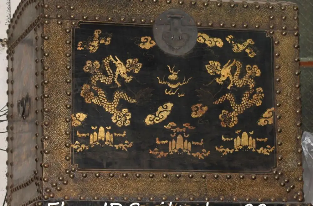 

31"Old Huge Leather Wood Painting Ancient Wealth Jewelry Treasure Box Boxes Bin