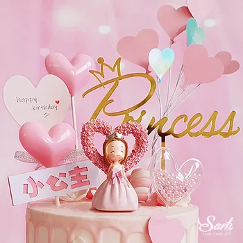 

Bling Crown Princess Decorations Pink Bow Heart Cake Toppers Happy Birthday for Children's Day Party Supplies Sweet Gift