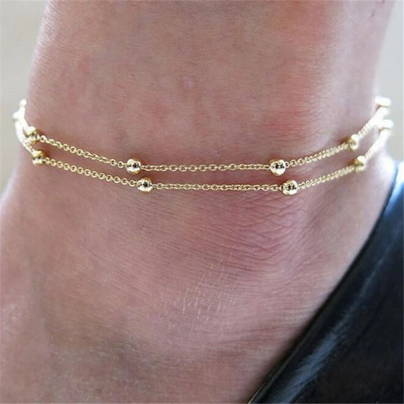 

H:HYDE Double Layer Gold & Sliver Colors Chain Anklets Charm Beads Foot Jewelry Summer Beach Sandals Jewelry
