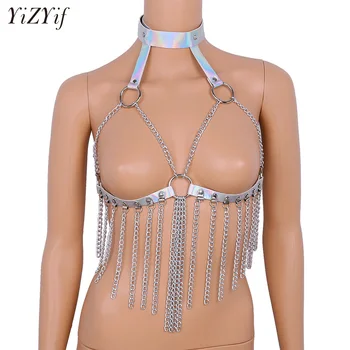 

YiZYiF Women's Harness Bra Bondage Belt Sexy Lingerie Fetish Cage Bra Fashion Waist Chain Belt Dazzle PVC Chain Tassel Harness
