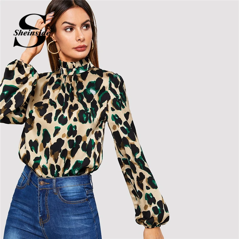 Online Sheinside Vescovo Manica Volant Collo Del Leopardo Camicetta Delle Donne Camicette Manica Lunga Magliette e camicette di Lavoro OL Femminile 2019 Autunno Elegante Delle Donne Camicette