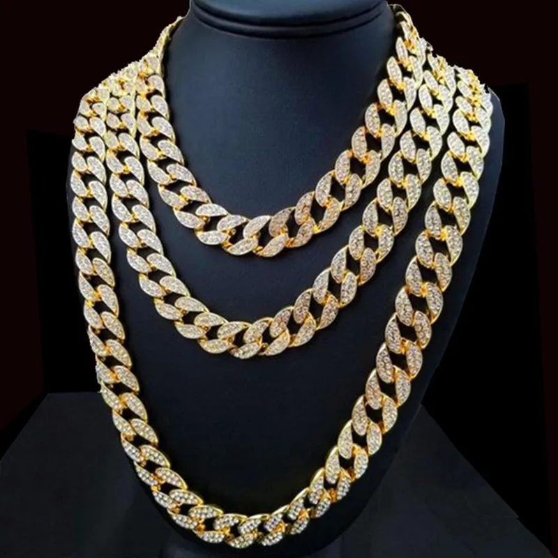 buy Miami Curb Cuban Chain Necklace 15mm 30inches Golden Iced Out Paved Rhinestones CZ Bling Rapper Necklaces Men Hip Hop Jewelry