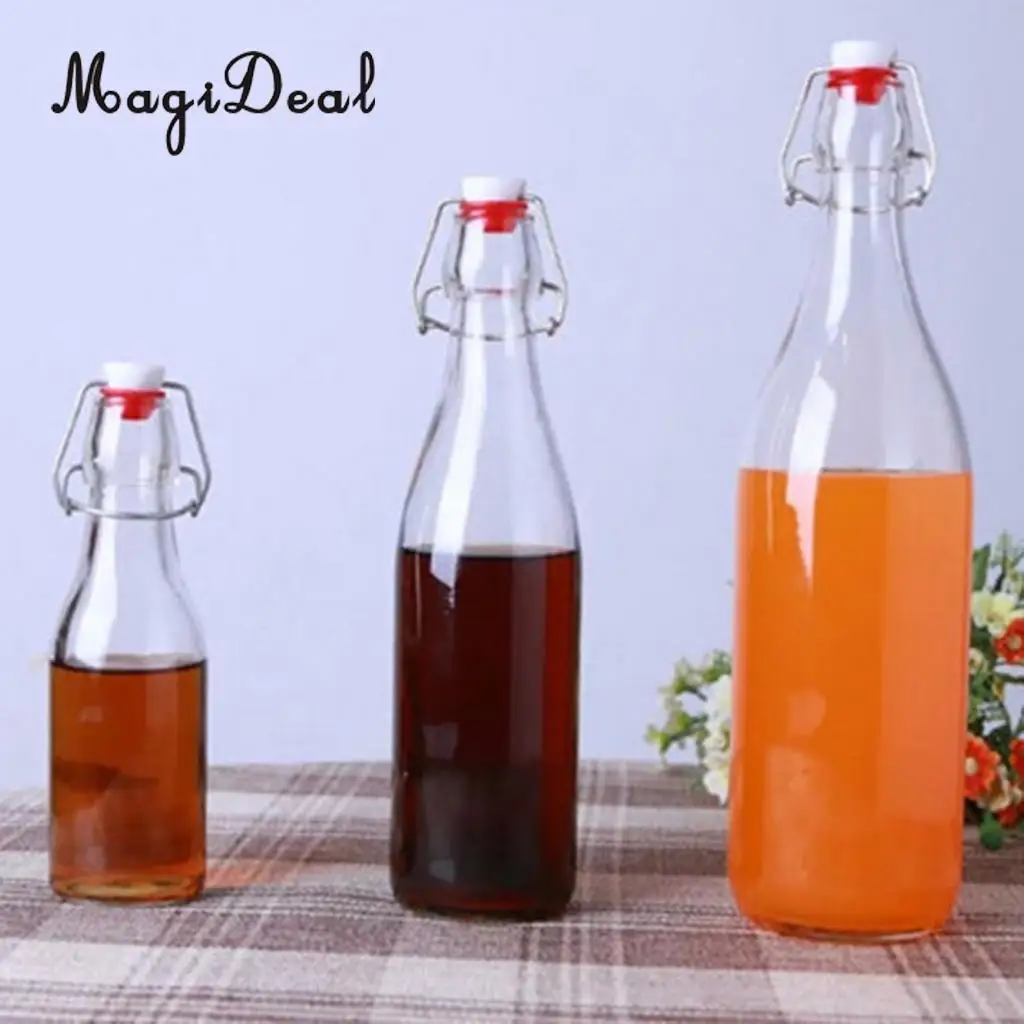 MagiDeal EASY CAP Beer Bottles -250ml 500ml 1000ml Durable Transparent Glass for Brewing Beer Wine Bottle Kitchen Dining Tool