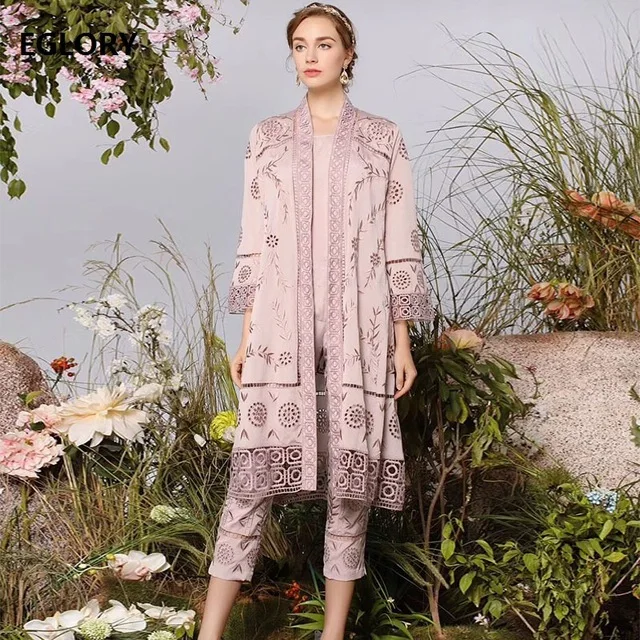 

Top Grade Designer Clothing Sets 2019 Spring Fashion Long Cardigan Jackets+Hollow Out Embroidery Pants & Capris Set Suit Female