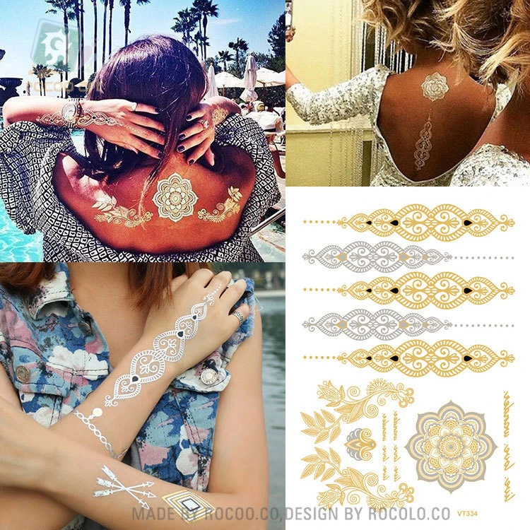 Waterdichte Tijdelijke Tattoo Sticker Sliver Bloem Metallic Goud Gouden Mandala Tatoeages Tatto Stickers Flash Tatoo Fake tattoo|mandala tatoo -