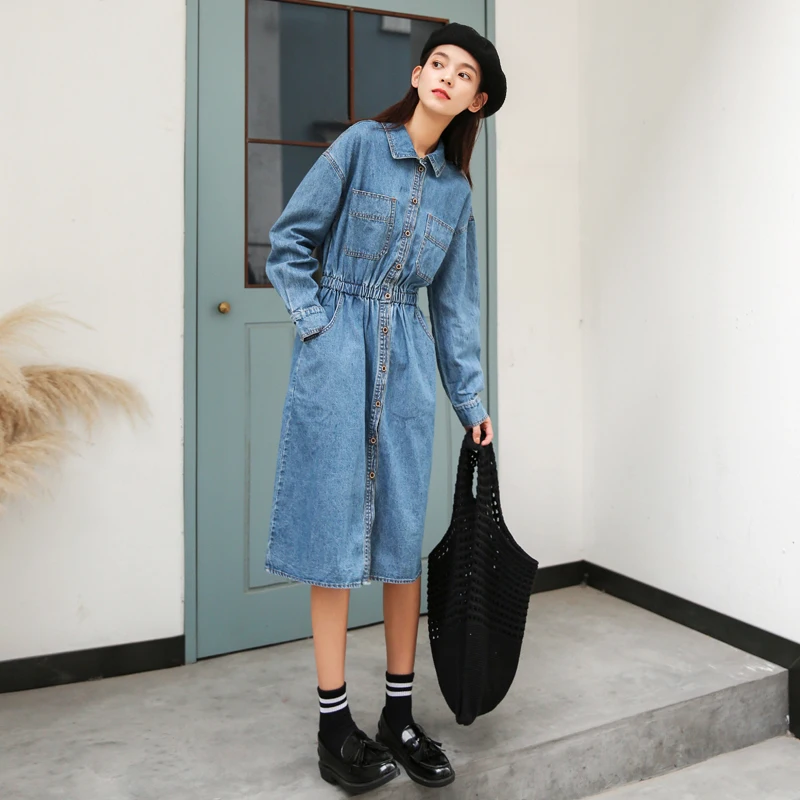 

2019 Spring New Slim Denim Dress Women's Korean Single-breasted Party Dresses Plus Size Blue Jean Fashion Streetwear