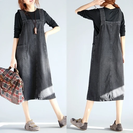 #2464 Spring Summer Denim Dresses Women Overalls Plus Size 4XL Loose Black/Blue Pockets Vintage Jeans Dress Spaghetti Strap