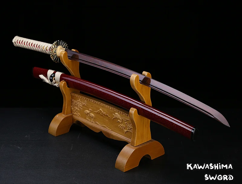 Japanese Katana Sword Forged Damascus Steel Red Plating Razor Sharp Full Tang Blade Wine Red Wood Sheath ZSBF-026 New Arrival