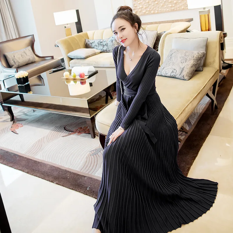 Женское трикотажное платье свитер с поясом и глубоким v образным вырезом|pleated maxi