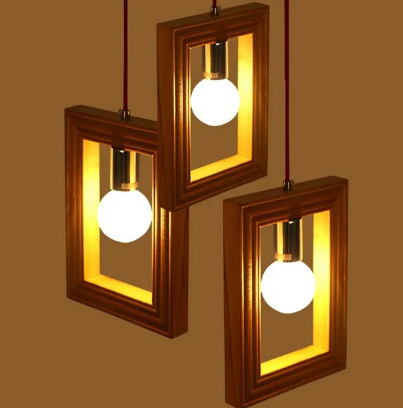 

American Village Creative Wooden Frame Droplight Modern LED Pendant Light Fixtures For Dining Room Hanging Lamp Indoor Lighting
