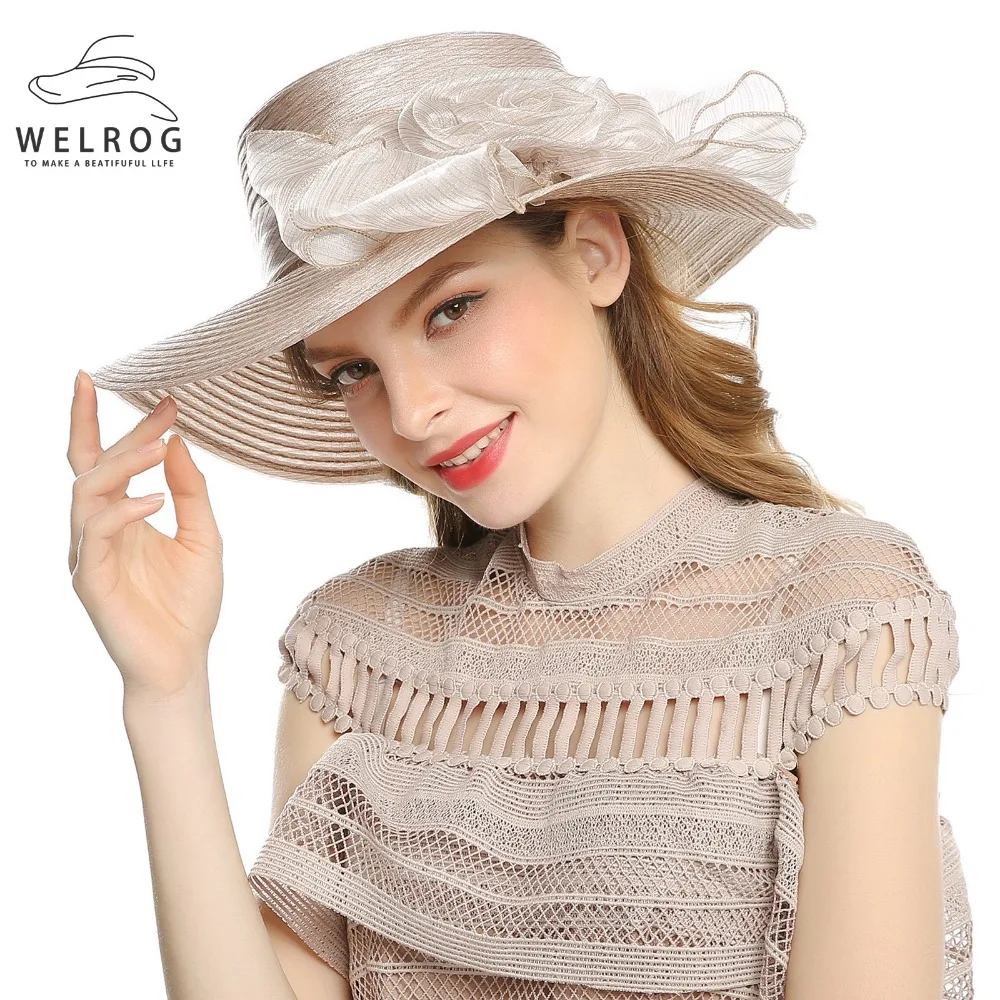 

WELROG Women Bow Floral Sun Protect Hats Church Hats Elegant Lady Khaki Sinamay Hats Summer Folable Breathable Cap for Girls