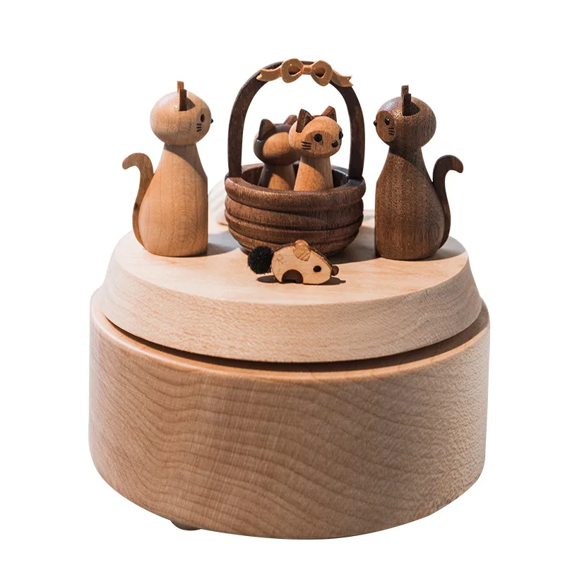 

European Style Wood Blessing CAT Rotation Music Box Creative Artware Birthday Gift Collection Toy Desktop Decoration L885