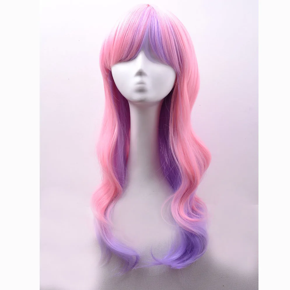 

Long Curly Wavy Perruque Mixed Color(Purple pink) Flat Bang Lolita Costume Cosplay Hair Wig peluca Ombre wig peruca femininas