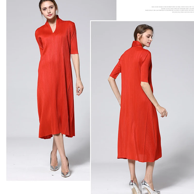Changpleat новые летние женское платье Miyak плиссированные Мода v-образным вырезом короткий рукав Свободные Большой Размеры платье с эластичным поясом прилив D90