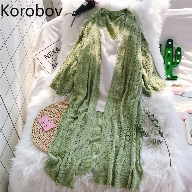 

Korobov Sweater Women Hollow Out Thin Long Cardigans Female Vintage Solid Sueter Mujer Knit Korean Summer Jumper Femme 78467