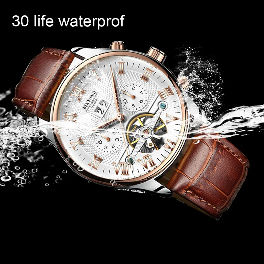 Reloj Mecánico KINYUED esqueleto Tourbillon hombres automático clásico oro rosa cuero mecánico relojes de pulsera Reloj Hombre 2019 - 4