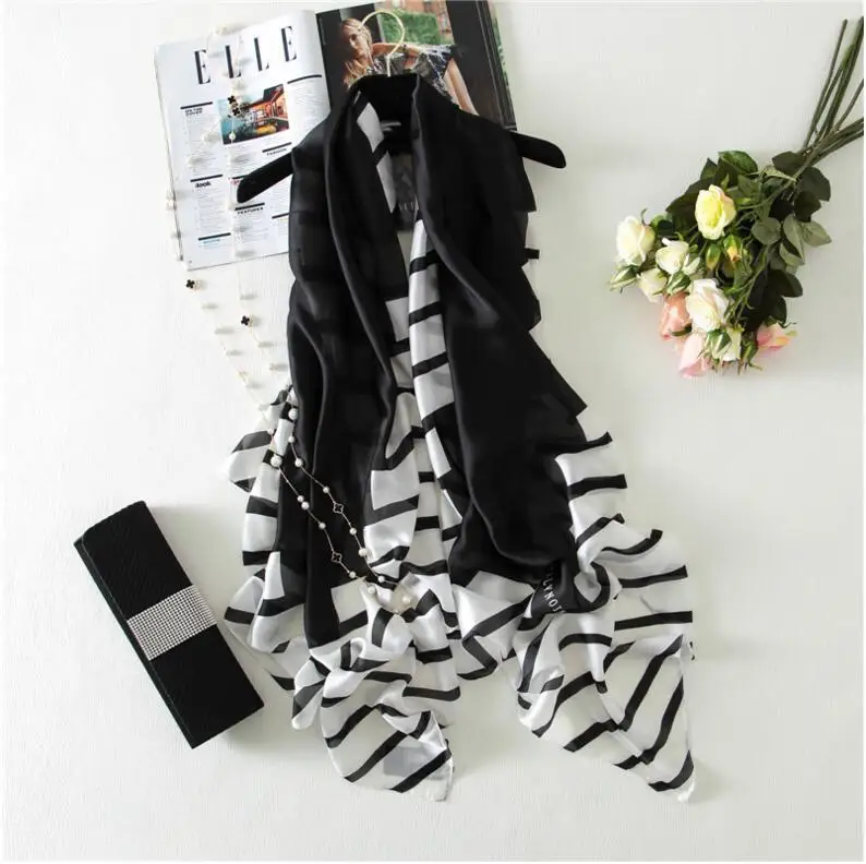 Шелковый шарф женский длинный элегантный платок мягкий платок стильные шарфы в черно-белую полоску Фирменная Новинка Пашмина