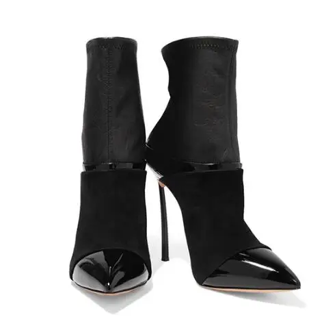 

Black splicing pointed toe high heel ankle boots for women Ladies super high thin heel short boots Rome shoes Dress shoes