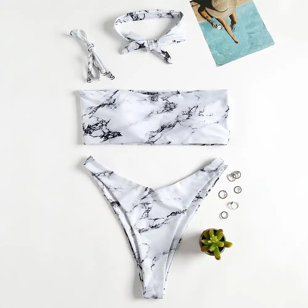 marble print high waisted bandeau bikini set