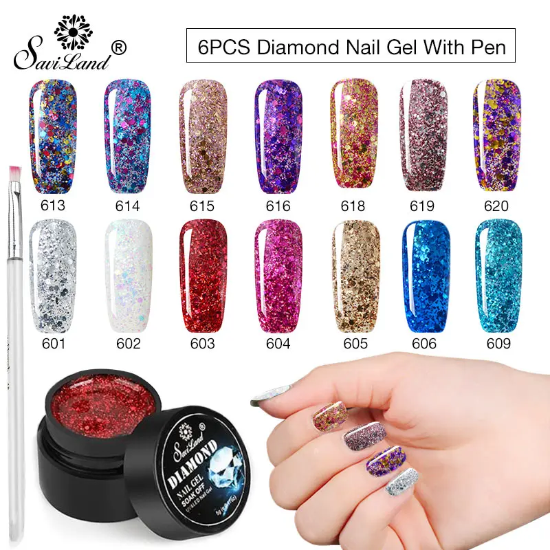 

Saviland 6pcs +Pen Diamond Glitter UV Gel Varnish Shiny Sequins Soak Off Gel Nail Polish Vernis Semi Permanent Nail Art