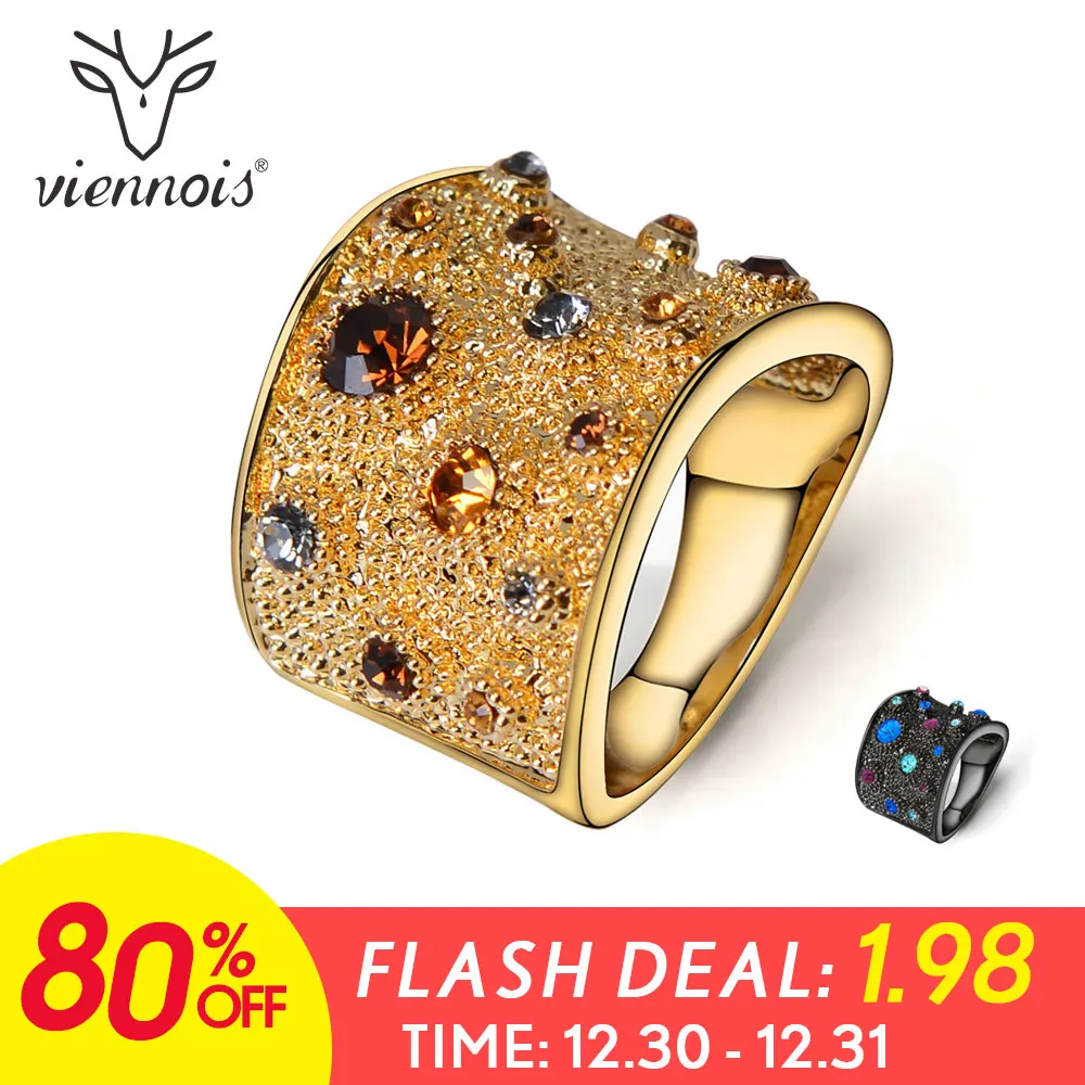 Viennois Wide Gold Color Finger Rings For women Multicoloured Rhinestones Paved Cocktail Ring Size 6 7 8 9 For Female