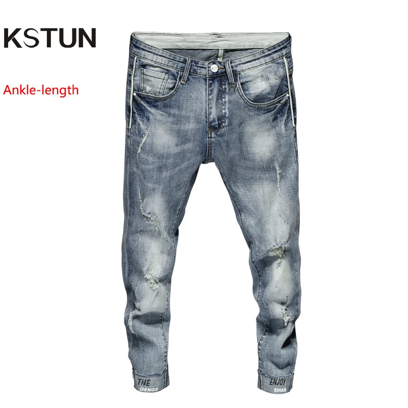 

Mens Jeans Skinny Stretch Japan Style Hemmed Frayed Distressed Summer Thin Casual Pants Light Blue Joggers Boys Students Jeans