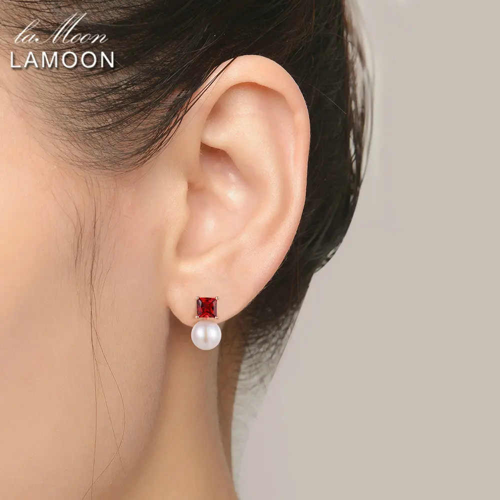 LAMOON 925 sterling-silver-jewelry Earrings For Women Simple Style 100% Natural Red Garnet Freshwater Pearl Earring S925 EI038