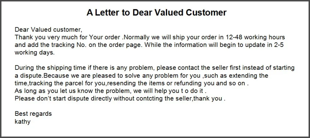 A letter to customer