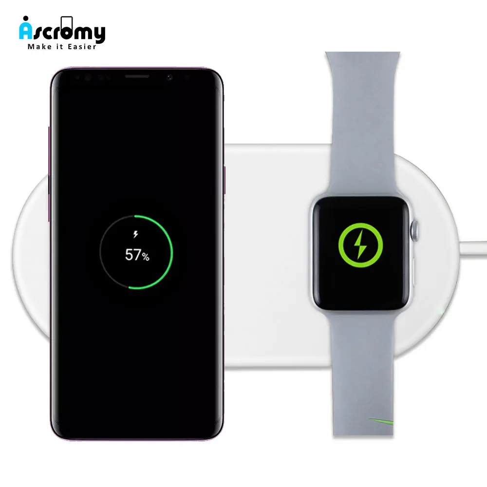 

Ascromy Dual Wireless Fast Charger 2in1 Wireless Charging Pad Induction Charger Base for Apple Watch Series 3 2 iPhone 8 Plus X