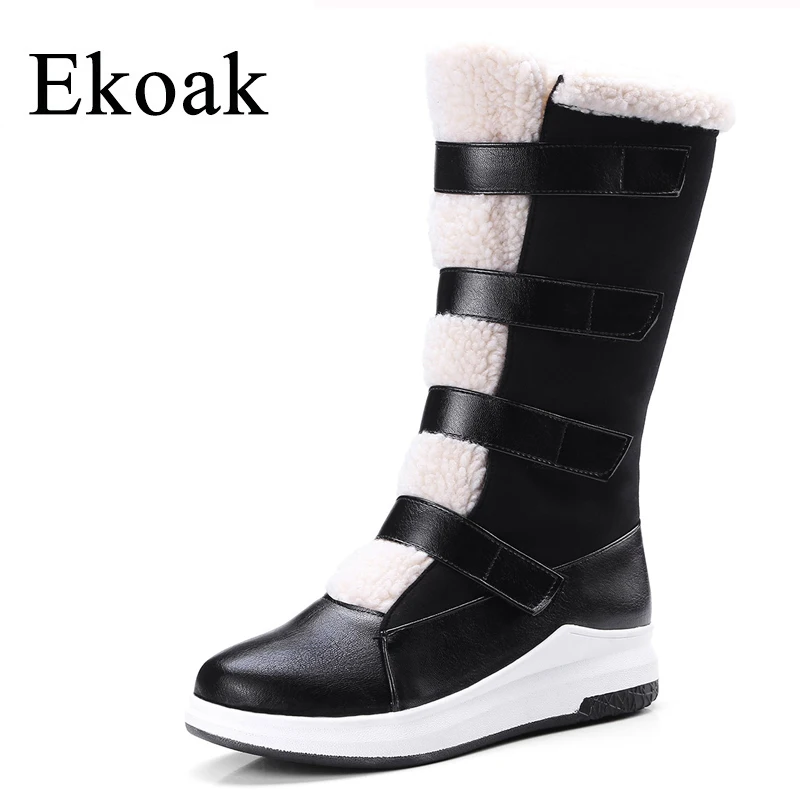 

Ekoak Fashion Rabbit Fur Women Boots Winter Shoes Woman Warm Plush Snow Boots Mid-Calf Leather Boots Ladies Platform Shoes